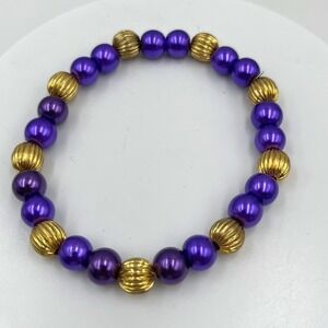 Vintage Purple Beaded Stretch Bracelet Gold Tone Ribbed Spacer Beads Elastic Fit